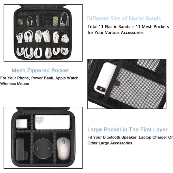Cable Organizer Bag Waterproof Travel Electronic Storage with Adjustable Divider Shockproof Portable Double Layer Tech Bags Carrying Case for Cord Earbuds Charger SD Card Tech Gifts BlackBlack