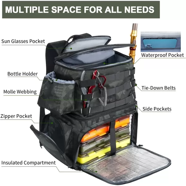 Fishing Tackle Backpack with Cooler MATEIN Large Fishing Bag with Rod Holders for 4 TraysTrays Not included Saltwater Resistant Tackle Bag with Waterproof Bottom for Storage Gear Pole Lures PliersCamouflage