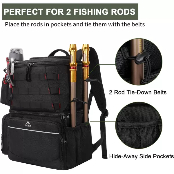 Fishing Tackle Backpack with Cooler MATEIN Large Fishing Bag with Rod Holders for 4 TraysTrays Not included Saltwater Resistant Tackle Bag with Waterproof Bottom for Storage Gear Pole Lures PliersBlack