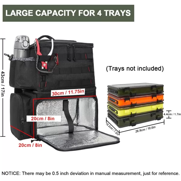 Fishing Tackle Backpack with Cooler MATEIN Large Fishing Bag with Rod Holders for 4 TraysTrays Not included Saltwater Resistant Tackle Bag with Waterproof Bottom for Storage Gear Pole Lures PliersBlack