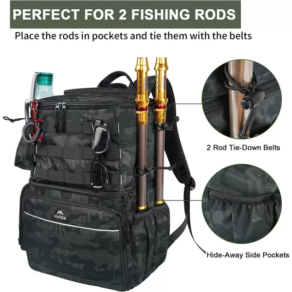 Fishing Tackle Backpack with Cooler MATEIN Large Fishing Bag with Rod Holders for 4 TraysTrays Not included Saltwater Resistant Tackle Bag with Waterproof Bottom for Storage Gear Pole Lures PliersCamouflage