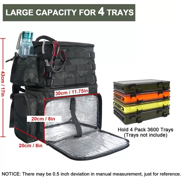 Fishing Tackle Backpack with Cooler MATEIN Large Fishing Bag with Rod Holders for 4 TraysTrays Not included Saltwater Resistant Tackle Bag with Waterproof Bottom for Storage Gear Pole Lures PliersCamouflage