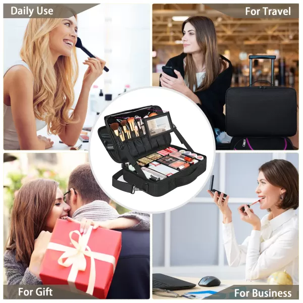 Large Professional Makeup Bag Travel Cosmetic Train Case Makeup Brush Organizer with Mirror 3 Layers Makeup Artist Travel Organizer with Adjustable Dividers Makeup Storage Bags for WomenLarge 16 x 10 x 42 Inch Black