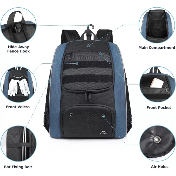 MATEIN Baseball Backpack Lightweight Softball Bag with Shoes Compartment for Men Large Capacity Baseball Bags Gift for Adults with Fence Hook Hold 4 Tee Ball Bats TBall Gear HelmetBlack50L