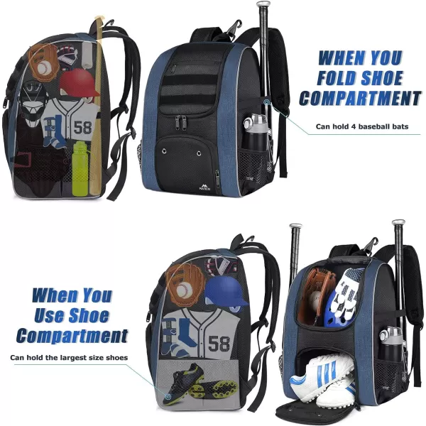 MATEIN Baseball Backpack Lightweight Softball Bag with Shoes Compartment for Men Large Capacity Baseball Bags Gift for Adults with Fence Hook Hold 4 Tee Ball Bats TBall Gear HelmetBlack50L
