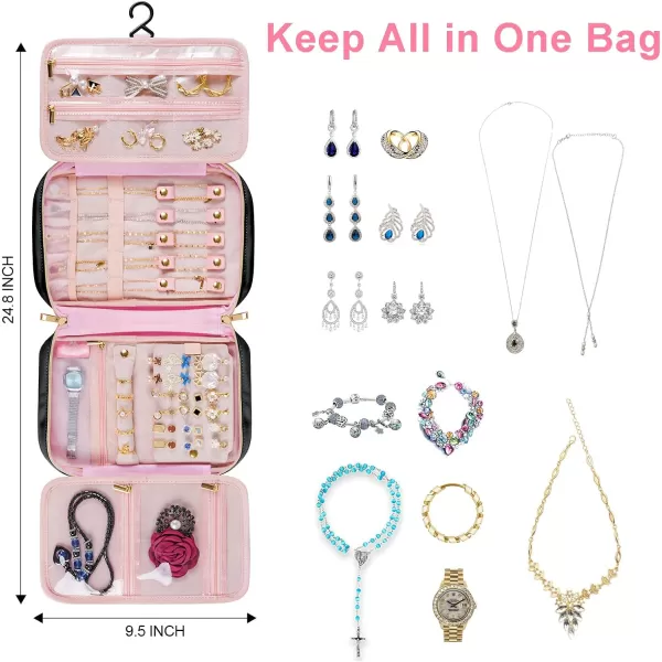 MATEIN Jewelry Travel Organizer Tangle Free Necklace Storage Bag for Women Hanging Travel Case with Handle for Jewelry Accessories Faux Leather Clutch Bag for Earrings Rings Bracelets BlackLuxury black