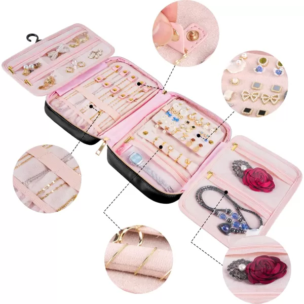 MATEIN Jewelry Travel Organizer Tangle Free Necklace Storage Bag for Women Hanging Travel Case with Handle for Jewelry Accessories Faux Leather Clutch Bag for Earrings Rings Bracelets BlackLuxury black