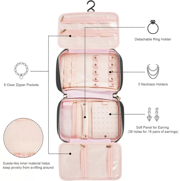 MATEIN Jewelry Travel Organizer Tangle Free Necklace Storage Bag for Women Hanging Travel Case with Handle for Jewelry Accessories Faux Leather Clutch Bag for Earrings Rings Bracelets BlackLuxury black