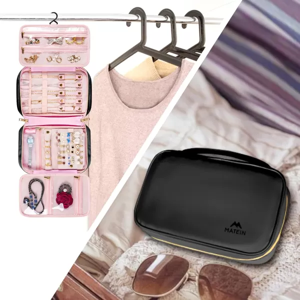MATEIN Jewelry Travel Organizer Tangle Free Necklace Storage Bag for Women Hanging Travel Case with Handle for Jewelry Accessories Faux Leather Clutch Bag for Earrings Rings Bracelets BlackLuxury black