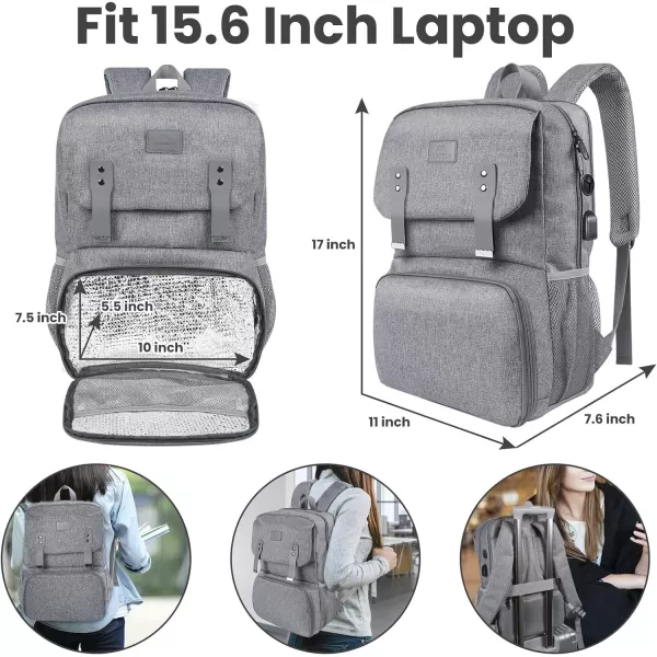 MATEIN Lunch Bags for Women Cooler Lunchbox Insulated Work Backpack with USB Charging Port Water Resistant Travel Computer Bag College Daypack Fits 156 Inch Laptop Friendship Gift for Women GreyGrey