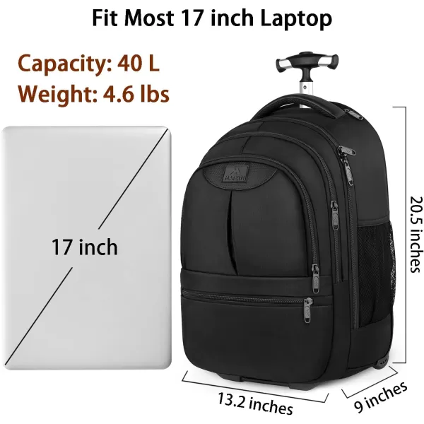 MATEIN Rolling Travel Backpack Durable 17 inch Laptop Backpack with Wheels for Women Men 40L Large Wheeled Backpack Carry on Luggage Water Resistant Roller Computer Bag for Nurse Teacher Work BlackBlack