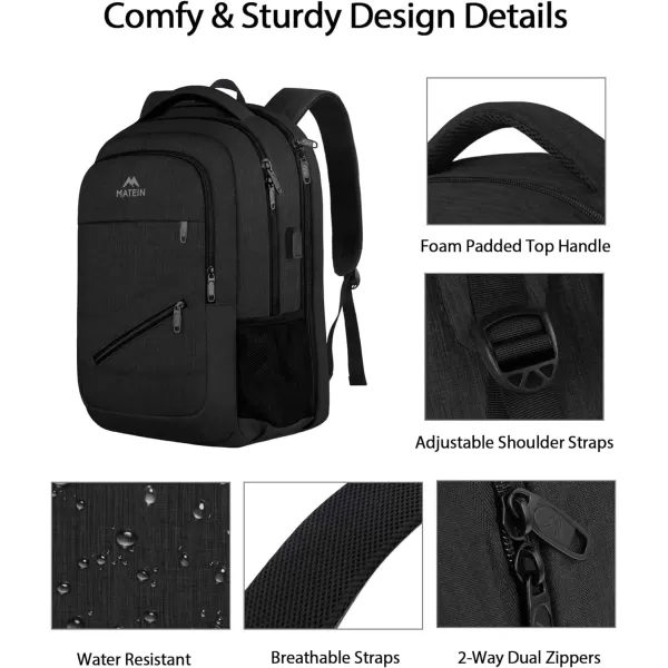 MATEIN Travel Laptop Backpack 17 inch Business Flight Approved Carry On Backpack TSA Large Travel Backpack for Women Men with USB Charger Port and Luggage Sleeve Durable College Rucksack Grey156 Inch Black