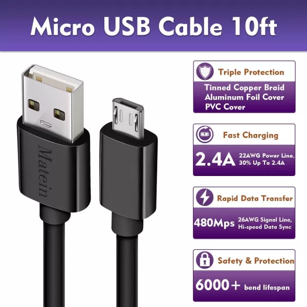 Micro USB Cable 10Ft 2PackExtra Long Fast Charger Cord for Galaxy S7 Edge High Speed Durable USB Charging Cable for Android Phone Samsung J7S6 EdgeS5Note 5LG Stylo 3K30 for PS4CameraBlackBlack