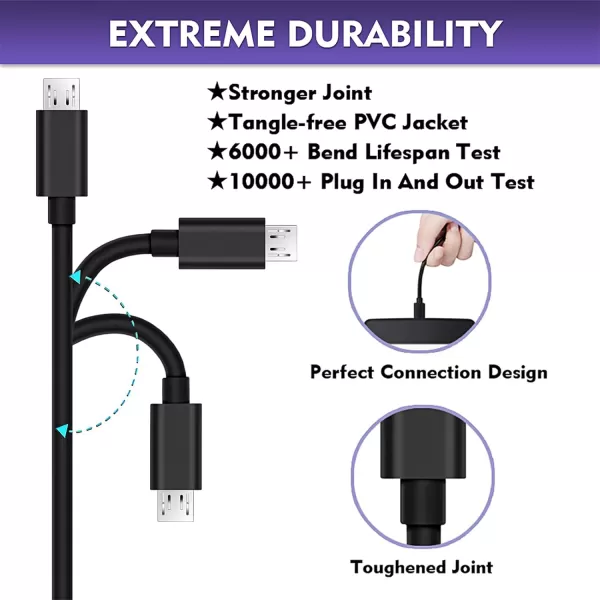 Micro USB Cable 10Ft 2PackExtra Long Fast Charger Cord for Galaxy S7 Edge High Speed Durable USB Charging Cable for Android Phone Samsung J7S6 EdgeS5Note 5LG Stylo 3K30 for PS4CameraBlackBlack