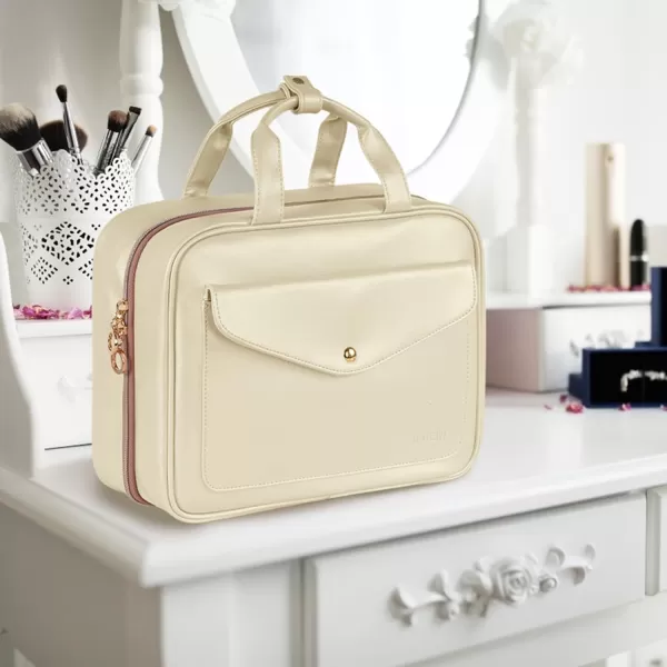 Toiletry Bag for Women Hanging Travel Makeup Bag Large Waterproof Cosmetic Toiletries Bags Travel Organizer Full Sized Container with Elastic Band Holders for CosmeticsBrushesBathroomShowerBlackCreamy White