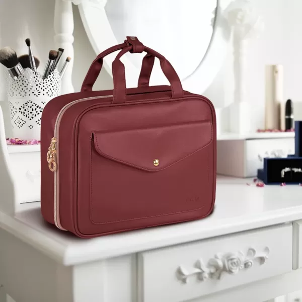 Toiletry Bag for Women Hanging Travel Makeup Bag Large Waterproof Cosmetic Toiletries Bags Travel Organizer Full Sized Container with Elastic Band Holders for CosmeticsBrushesBathroomShowerBlackWine Red