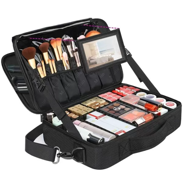 Large Professional Makeup Bag Travel Cosmetic Train Case Makeup Brush Organizer with Mirror 3 Layers Makeup Artist Travel Organizer with Adjustable Dividers Makeup Storage Bags for WomenLarge 16 x 10 x 42 Inch Black
