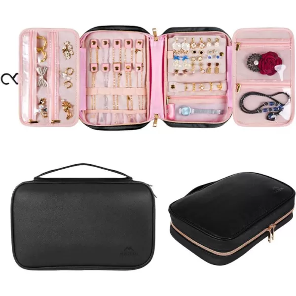 MATEIN Jewelry Travel Organizer Tangle Free Necklace Storage Bag for Women Hanging Travel Case with Handle for Jewelry Accessories Faux Leather Clutch Bag for Earrings Rings Bracelets BlackLuxury black