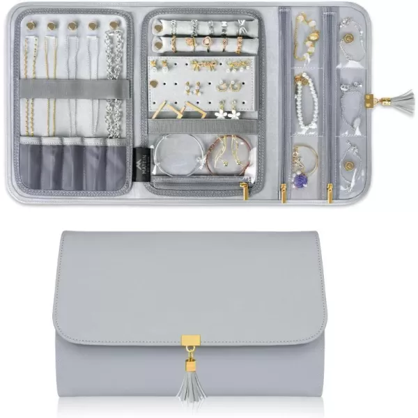 MATEIN Jewelry Travel Organizer for Women Tangle Free Portable Leather Jewelry Storage Roll Bag Envelope Clutch Waterproof Lightweight Jewelry Case Holder for Necklaces Rings Earrings BraceletsLarge Grey