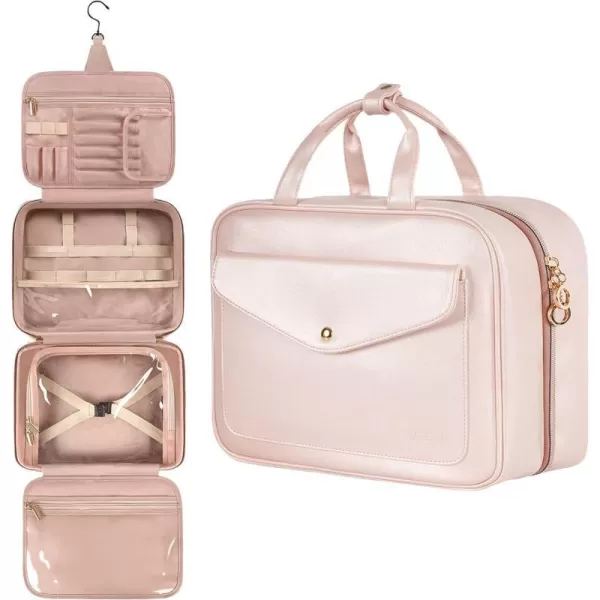 Toiletry Bag for Women Hanging Travel Makeup Bag Large Waterproof Cosmetic Toiletries Bags Travel Organizer Full Sized Container with Elastic Band Holders for CosmeticsBrushesBathroomShowerBlackAustere Pink