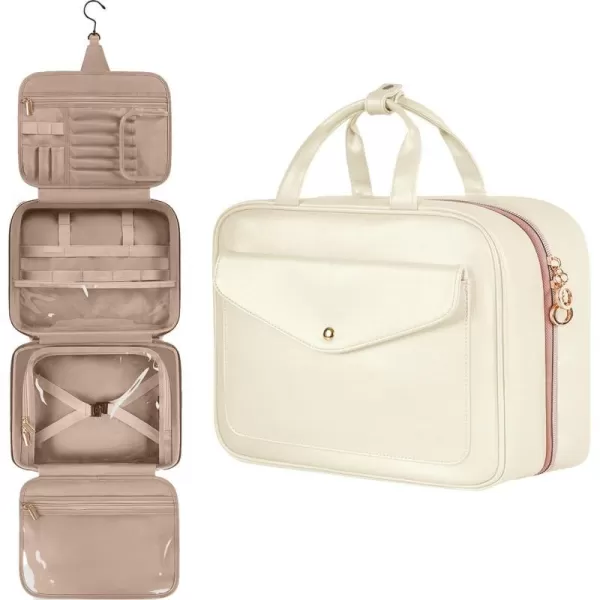 Toiletry Bag for Women Hanging Travel Makeup Bag Large Waterproof Cosmetic Toiletries Bags Travel Organizer Full Sized Container with Elastic Band Holders for CosmeticsBrushesBathroomShowerBlackCreamy White