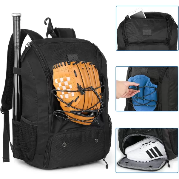 MATEIN Baseball Backpack Softball Bat Bag with Shoes Compartment for Youth Boys and Adult Lightweight Baseball Bag with Fence Hook Hold TBall Bat Batting Mitten Helmet Caps Teeball GearBlack47L