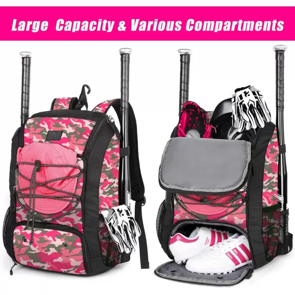 MATEIN Baseball Backpack Softball Bat Bag with Shoes Compartment for Youth Boys and Adult Lightweight Baseball Bag with Fence Hook Hold TBall Bat Batting Mitten Helmet Caps Teeball GearPink Camouflage29L