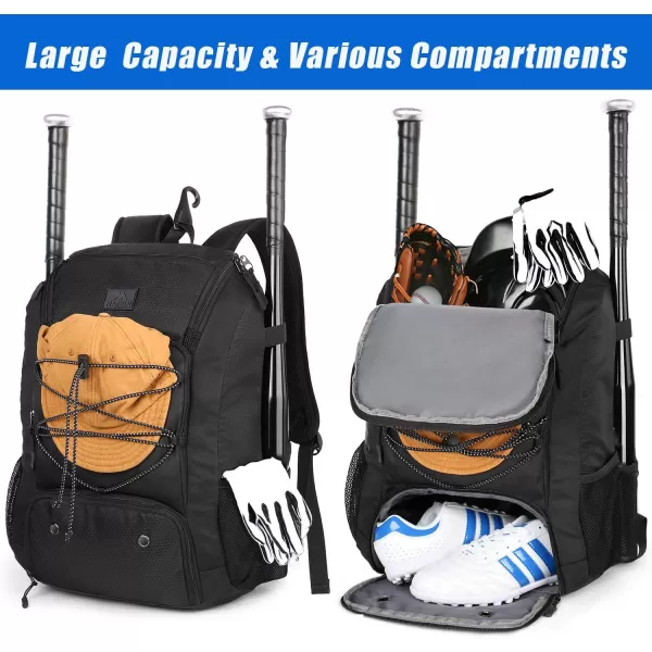 MATEIN Baseball Backpack Softball Bat Bag with Shoes Compartment for Youth Boys and Adult Lightweight Baseball Bag with Fence Hook Hold TBall Bat Batting Mitten Helmet Caps Teeball GearBlack29L
