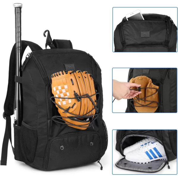 MATEIN Baseball Backpack Softball Bat Bag with Shoes Compartment for Youth Boys and Adult Lightweight Baseball Bag with Fence Hook Hold TBall Bat Batting Mitten Helmet Caps Teeball GearBlack29L