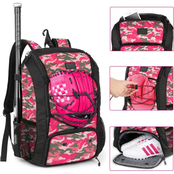 MATEIN Baseball Backpack Softball Bat Bag with Shoes Compartment for Youth Boys and Adult Lightweight Baseball Bag with Fence Hook Hold TBall Bat Batting Mitten Helmet Caps Teeball GearPink Camouflage29L