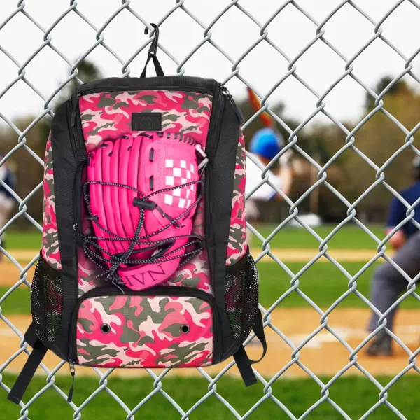 MATEIN Baseball Backpack Softball Bat Bag with Shoes Compartment for Youth Boys and Adult Lightweight Baseball Bag with Fence Hook Hold TBall Bat Batting Mitten Helmet Caps Teeball GearPink Camouflage29L