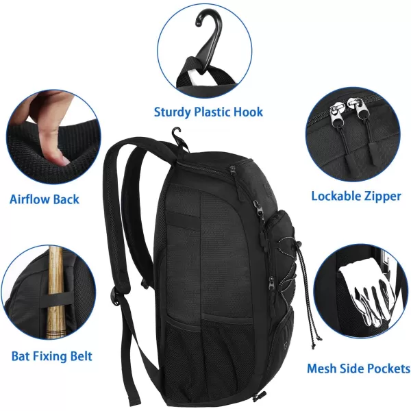 MATEIN Baseball Backpack Softball Bat Bag with Shoes Compartment for Youth Boys and Adult Lightweight Baseball Bag with Fence Hook Hold TBall Bat Batting Mitten Helmet Caps Teeball GearBlack29L