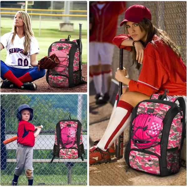 MATEIN Baseball Backpack Softball Bat Bag with Shoes Compartment for Youth Boys and Adult Lightweight Baseball Bag with Fence Hook Hold TBall Bat Batting Mitten Helmet Caps Teeball GearPink Camouflage29L