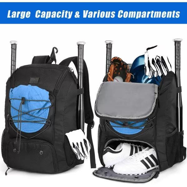 MATEIN Baseball Backpack Softball Bat Bag with Shoes Compartment for Youth Boys and Adult Lightweight Baseball Bag with Fence Hook Hold TBall Bat Batting Mitten Helmet Caps Teeball GearBlack47L