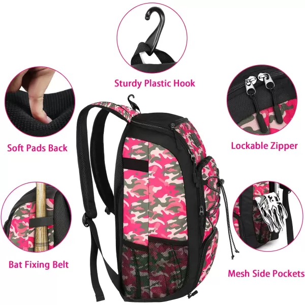 MATEIN Baseball Backpack Softball Bat Bag with Shoes Compartment for Youth Boys and Adult Lightweight Baseball Bag with Fence Hook Hold TBall Bat Batting Mitten Helmet Caps Teeball GearPink Camouflage29L