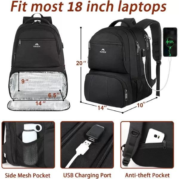 MATEIN Lunch Backpack Insulated Cooler Backpack Lunch Box Backpack for Women Men 17Inch Laptop College School Backpack with USB Charging Port Water Resistant School Bookbag for Travel Picnic Black18 Inch Black