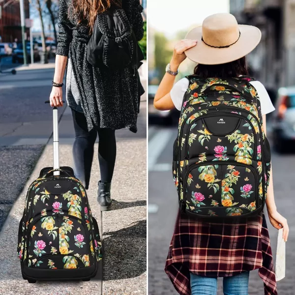 MATEIN Rolling Backpack 17 inch Water Resistant Wheeled Laptop Backpack Carry on Luggage Business Bag Overnight College Computer Backpack Trolley Suitcase for Men Women Adults to Travel Black17inch Floral