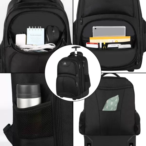 MATEIN Rolling Backpack 17 inch Water Resistant Wheeled Laptop Backpack Carry on Luggage Business Bag Overnight College Computer Backpack Trolley Suitcase for Men Women Adults to Travel Black17inch Black