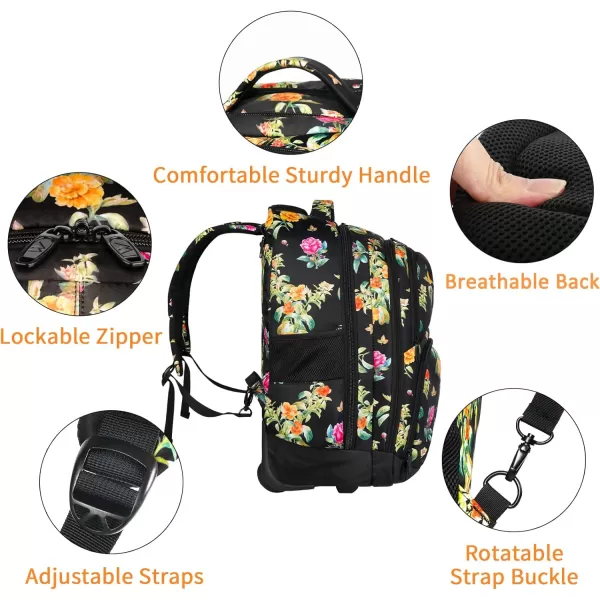 MATEIN Rolling Backpack 17 inch Water Resistant Wheeled Laptop Backpack Carry on Luggage Business Bag Overnight College Computer Backpack Trolley Suitcase for Men Women Adults to Travel Black17inch Floral