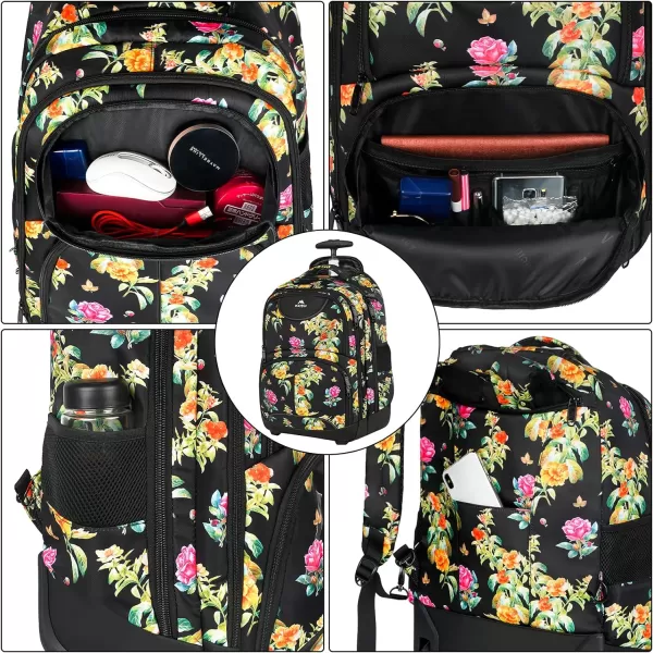 MATEIN Rolling Backpack 17 inch Water Resistant Wheeled Laptop Backpack Carry on Luggage Business Bag Overnight College Computer Backpack Trolley Suitcase for Men Women Adults to Travel Black17inch Floral