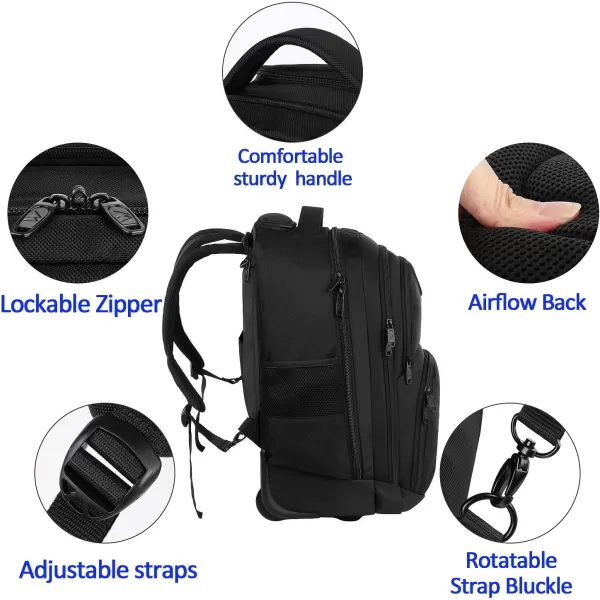 MATEIN Rolling Backpack 17 inch Water Resistant Wheeled Laptop Backpack Carry on Luggage Business Bag Overnight College Computer Backpack Trolley Suitcase for Men Women Adults to Travel Black17inch Black