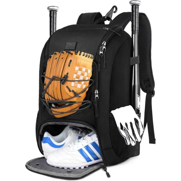 MATEIN Baseball Backpack Softball Bat Bag with Shoes Compartment for Youth Boys and Adult Lightweight Baseball Bag with Fence Hook Hold TBall Bat Batting Mitten Helmet Caps Teeball GearBlack29L
