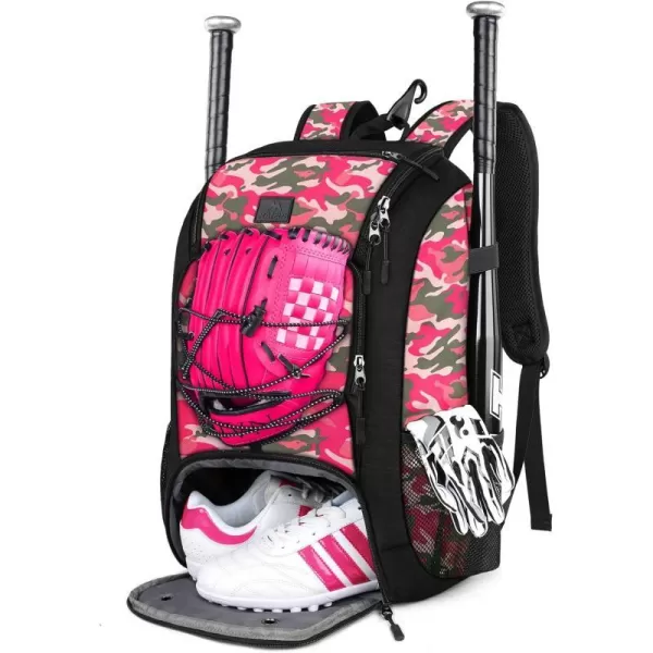 MATEIN Baseball Backpack Softball Bat Bag with Shoes Compartment for Youth Boys and Adult Lightweight Baseball Bag with Fence Hook Hold TBall Bat Batting Mitten Helmet Caps Teeball GearPink Camouflage29L