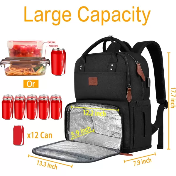 MATEIN 17 Inches Lunch Backpack Extra Large Lunch Box with Insulated Cooler Compartment Water Resistant Laptop Backpack with USB Charging Port for College Work Picnic BeachesBlack