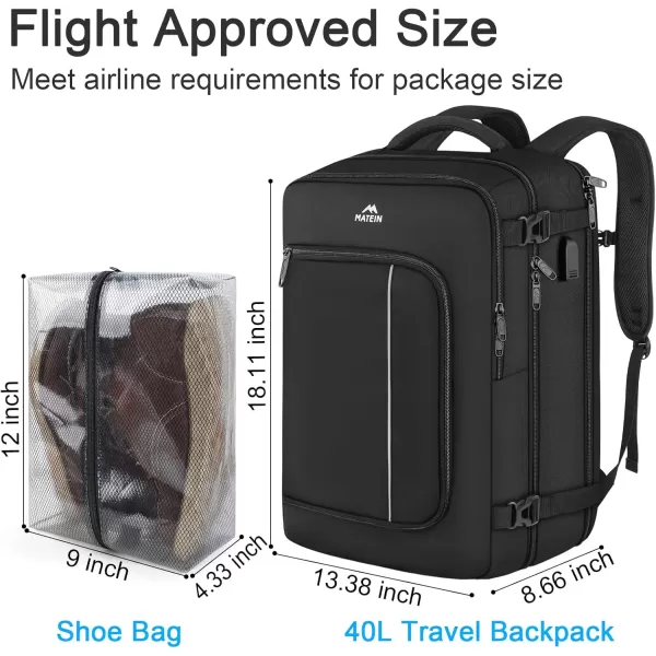 MATEIN Carry On Backpack for Airplanes 40L Underseat Travel Backpack Personal item Bag with USB Charging Port ampamp Shoe Pouch TSA 17 inch Backpack for Men Flight Approved Work Casual DaypackBlack