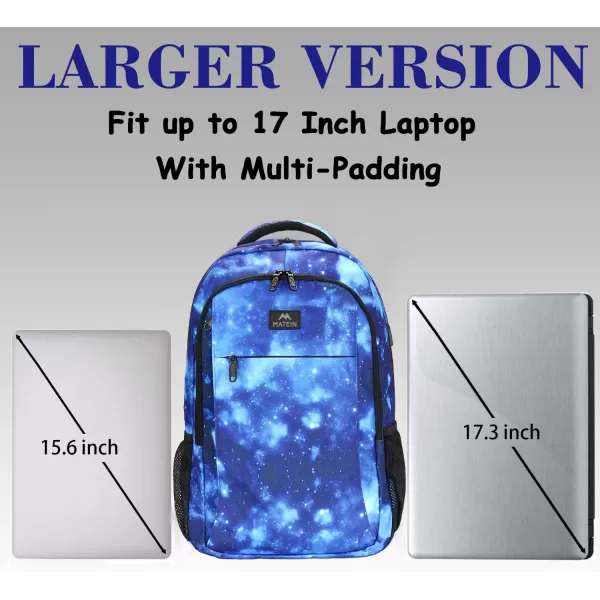 MATEIN Large College Backpack Sturdy Computer Backpack with USB Charging Port Fits 17 inch Notebook Carryon Luggage Travel Laptop Bag for Business Men and Women Christmas New Year Gift BlueGalaxy Blue