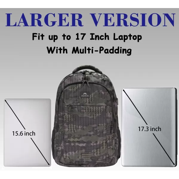 MATEIN Large College Backpack Sturdy Computer Backpack with USB Charging Port Fits 17 inch Notebook Carryon Luggage Travel Laptop Bag for Business Men and Women Christmas New Year Gift BlueCamo Grey