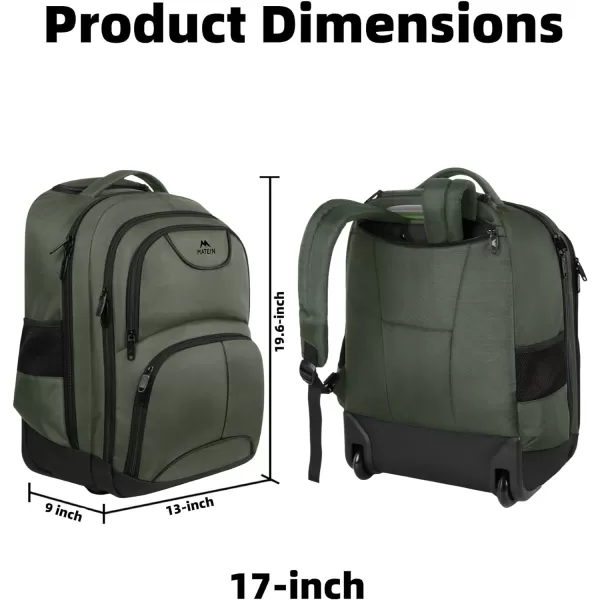 MATEIN Rolling Backpack 17 inch Water Resistant Wheeled Laptop Backpack Carry on Luggage Business Bag Overnight College Computer Backpack Trolley Suitcase for Men Women Adults to Travel BlackGreen