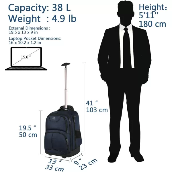 MATEIN Rolling Backpack 17 inch Water Resistant Wheeled Laptop Backpack Carry on Luggage Business Bag Overnight College Computer Backpack Trolley Suitcase for Men Women Adults to Travel BlackBlue
