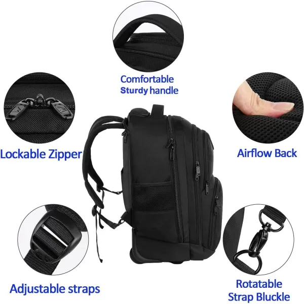 MATEIN Rolling Backpack 17 inch Water Resistant Wheeled Laptop Backpack Carry on Luggage Business Bag Overnight College Computer Backpack Trolley Suitcase for Men Women Adults to Travel BlackBlack